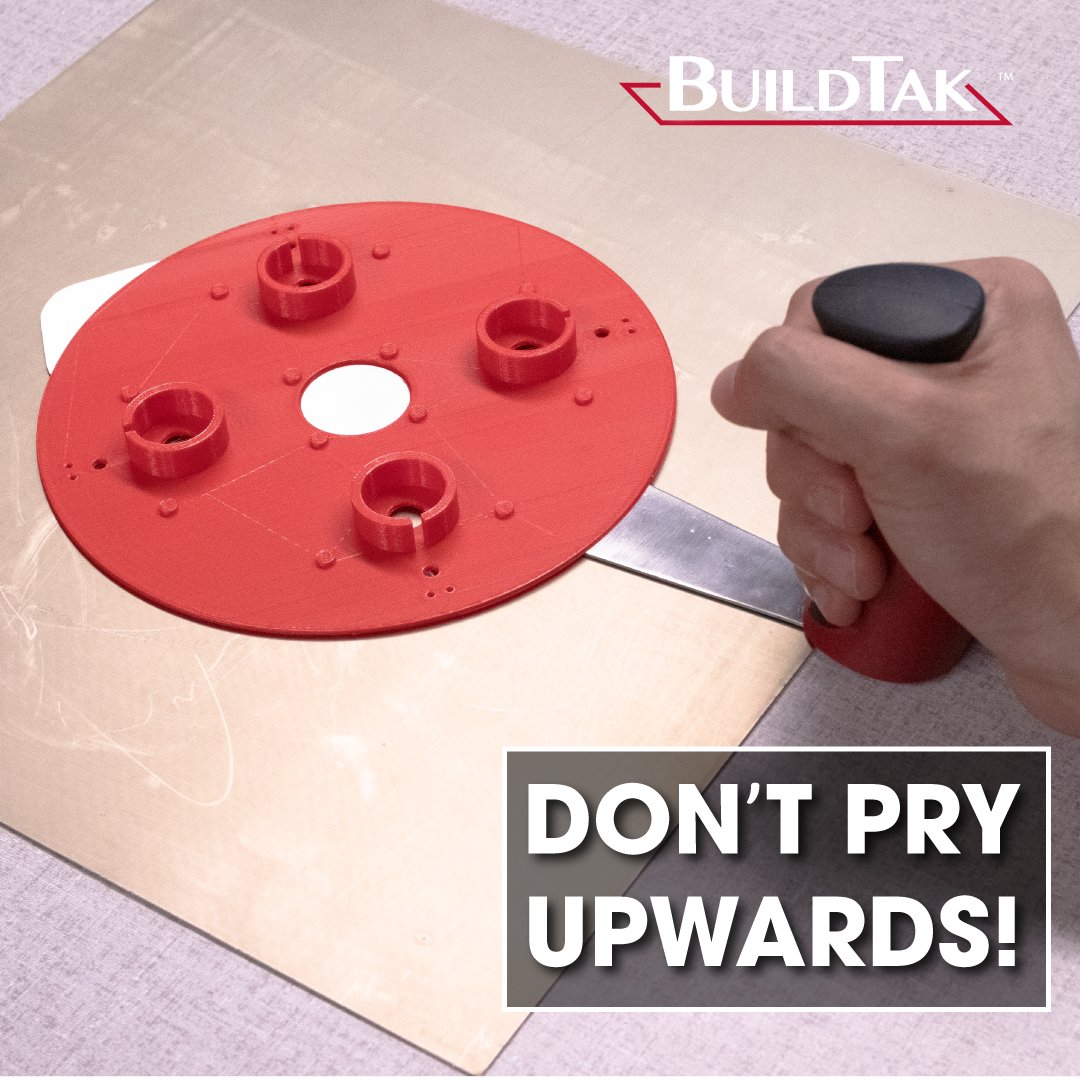 BuildTak's tweet image. Looking to extend the life of your BuildTak Surface?

When using the BuildTak Spatula, don't pry upward! Slide across and keep the blade parallel to the Surface. 

#3DPrinting #3DPrintingTutorial #3DPrintingTip #BuildTak #BuildTakSpatula