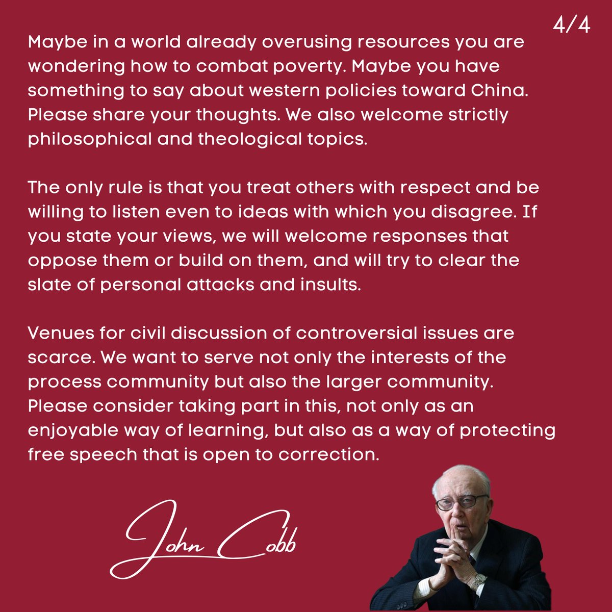 CIC4Process's tweet photo. SPECIAL MESSAGE FROM JOHN COBB
Join the movement today at https://t.co/qW748tBzfL
#CriticalConversations #ClaremontProcessNexus #ProcessMovement #ProcessThought #ProcessParty https://t.co/L3xA02qUWN