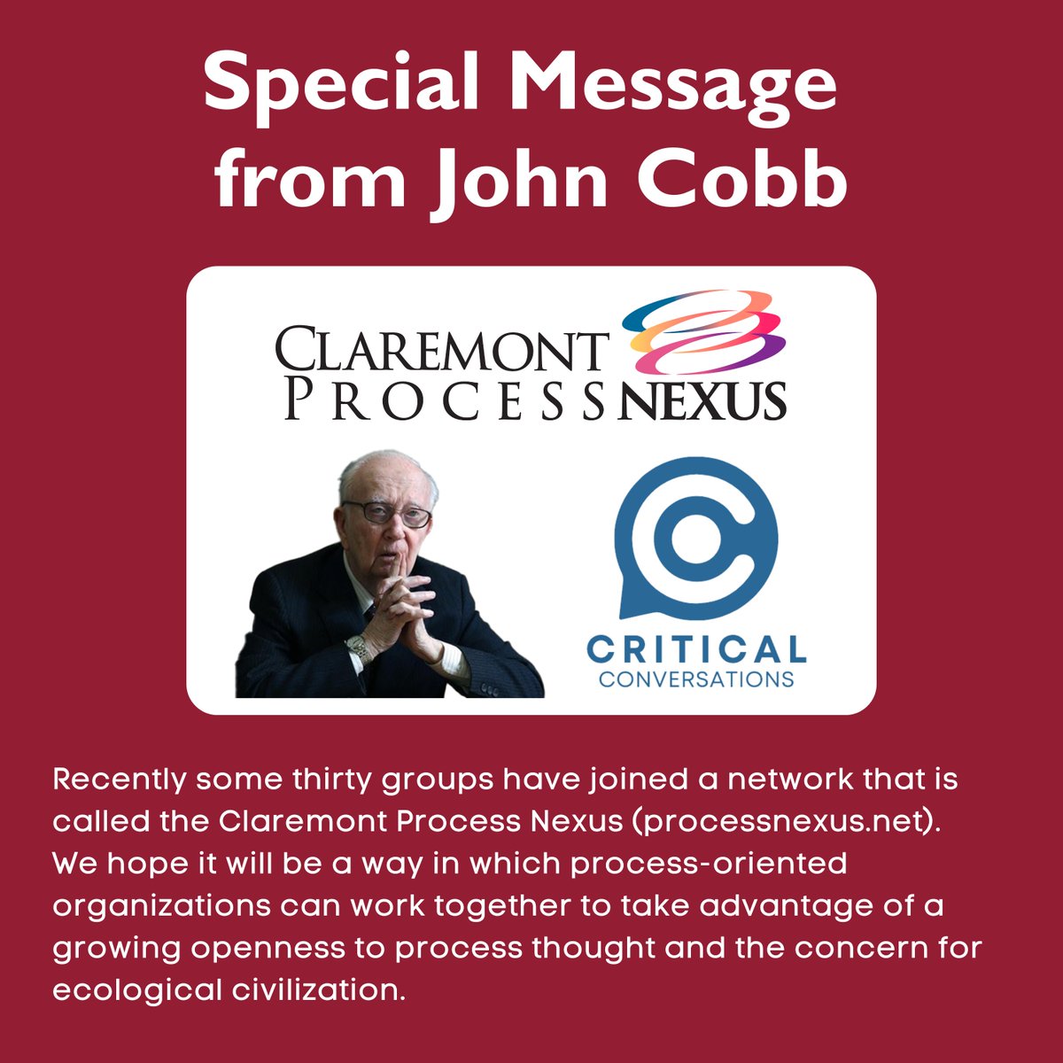 CIC4Process's tweet photo. SPECIAL MESSAGE FROM JOHN COBB
Join the movement today at https://t.co/qW748tBzfL
#CriticalConversations #ClaremontProcessNexus #ProcessMovement #ProcessThought #ProcessParty https://t.co/L3xA02qUWN