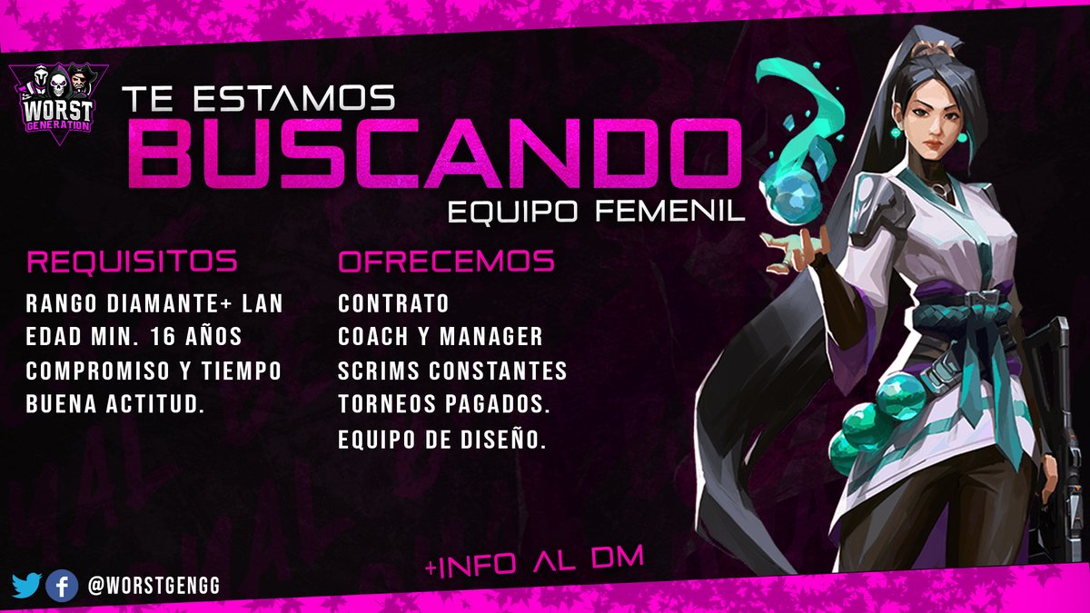 🟣TE ESTAMOS BUSCANDO🟣
Abrimos TryOuts para el roster femenil de valorant!
🟣contamos con multiples beneficios!
🟣Los requisitos son los que establecemos en la imagen.
🟣Para mas informacion DM.
🟣Etiqueta si conoces o RT se agradece!
Comenzamos la siguiente semana!
#GoWorstGen