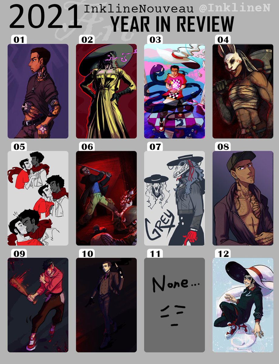 InklineN's tweet photo. It sure has been a year, huh? I haven't done an art year in review in *ages*, but it's nice to see a lot of my favorite pieces lined up like this. Makes it obvious where I've improved, even if it doesn't feel like it https://t.co/XOm2MQsdfU