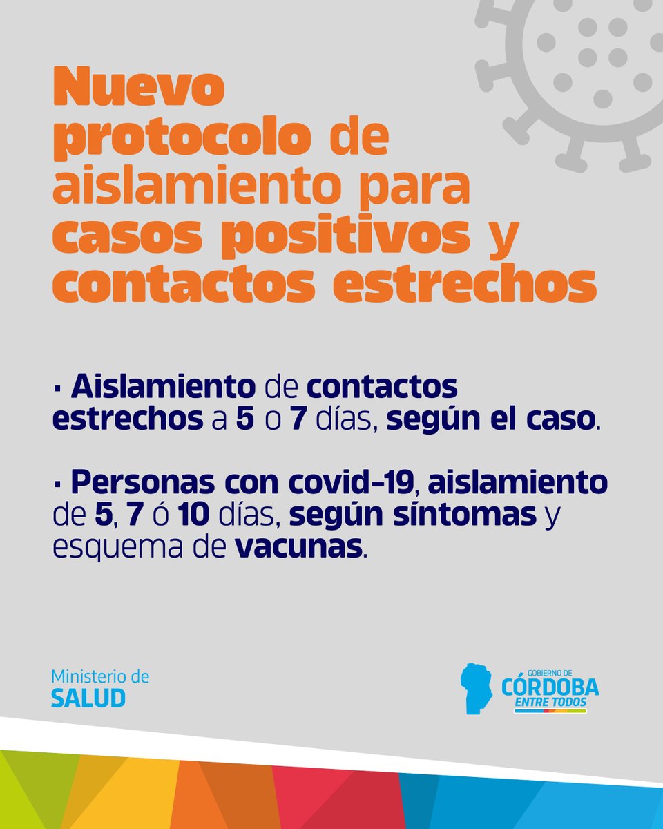 ¡ATENCIÓN! 📢 El <a href="/minsaludcba/">Ministerio de Salud de Córdoba</a> actualizó el protocolo de aislamiento para casos positivos y contactos estrechos. 

Leé la información completa acá 🔗 bit.ly/ProtocAislamCo…

#Coronavirus