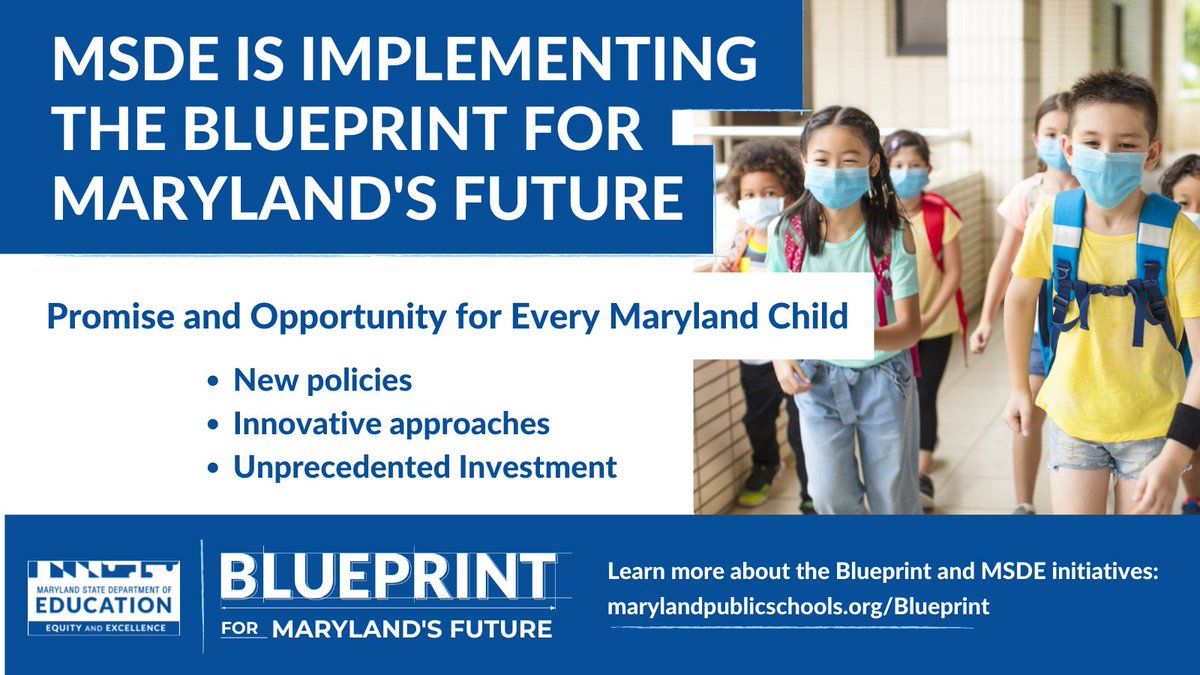 MSDE is leading The Blueprint for Maryland's Future, which provides the foundation needed to help every child reach their full potential with sweeping policy changes &amp; an unprecedented investment of resources. 
 
Learn more:
marylandpublicschools.org/Blueprint/Page…