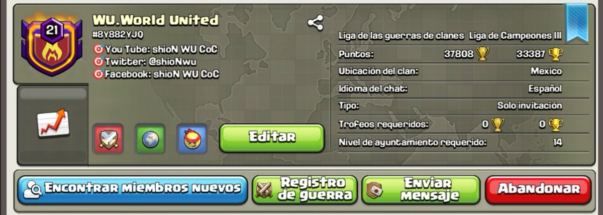 🚨 Se necesitan cuentas TH14 para jugar CWL en clanes Maestros 1 y Maestros 2 🚨

Interesados llegar a casita y de ahí nos movemos, digan que van a liga, ya se la saben 😊

link.clashofclans.com/es?action=Open…