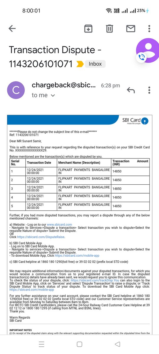 SunantSamir's tweet photo. #DigitalIndia Fraud Trnx done by my Card.Made complaint but no Response by SBICard.Please Help me 🙏
@SBICard_Connect  @RBI @cyber @PMOIndia @flipkartsupport @binnybansal  @DasShaktikanta 
Without OTP without any mail trxn happen. Please escalate the issue &amp;  stop such cybercrime https://t.co/i6vUAZWBEX