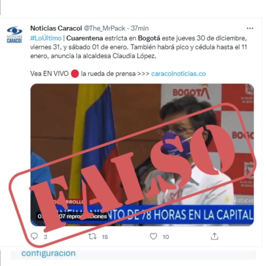 SectorSalud's tweet photo. #TenEnCuenta 👋 En Bogotá 𝐍𝐎 se ha decretado ningún tipo de cuarentena o confinamiento estricto para el fin de año 2021; esta información que circula en redes sociales es falsa.  ¡Recuerda informarte siempre a través de medios oficiales!👍 https://t.co/RmAJq5KMBq