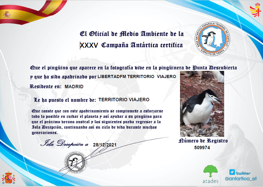 TViajero107fm's tweet photo. Territorio Viajero ya tiene su pingüino apadrinado, apadrina uno y ayuda a fomentar la misión de nuestros militares y científicos en la Antártida #CampañaAntártica 
@EjercitoTierra @libertadfm @territorioviajero
https://t.co/SaDBdvKk3r https://t.co/7w66dZFJBV