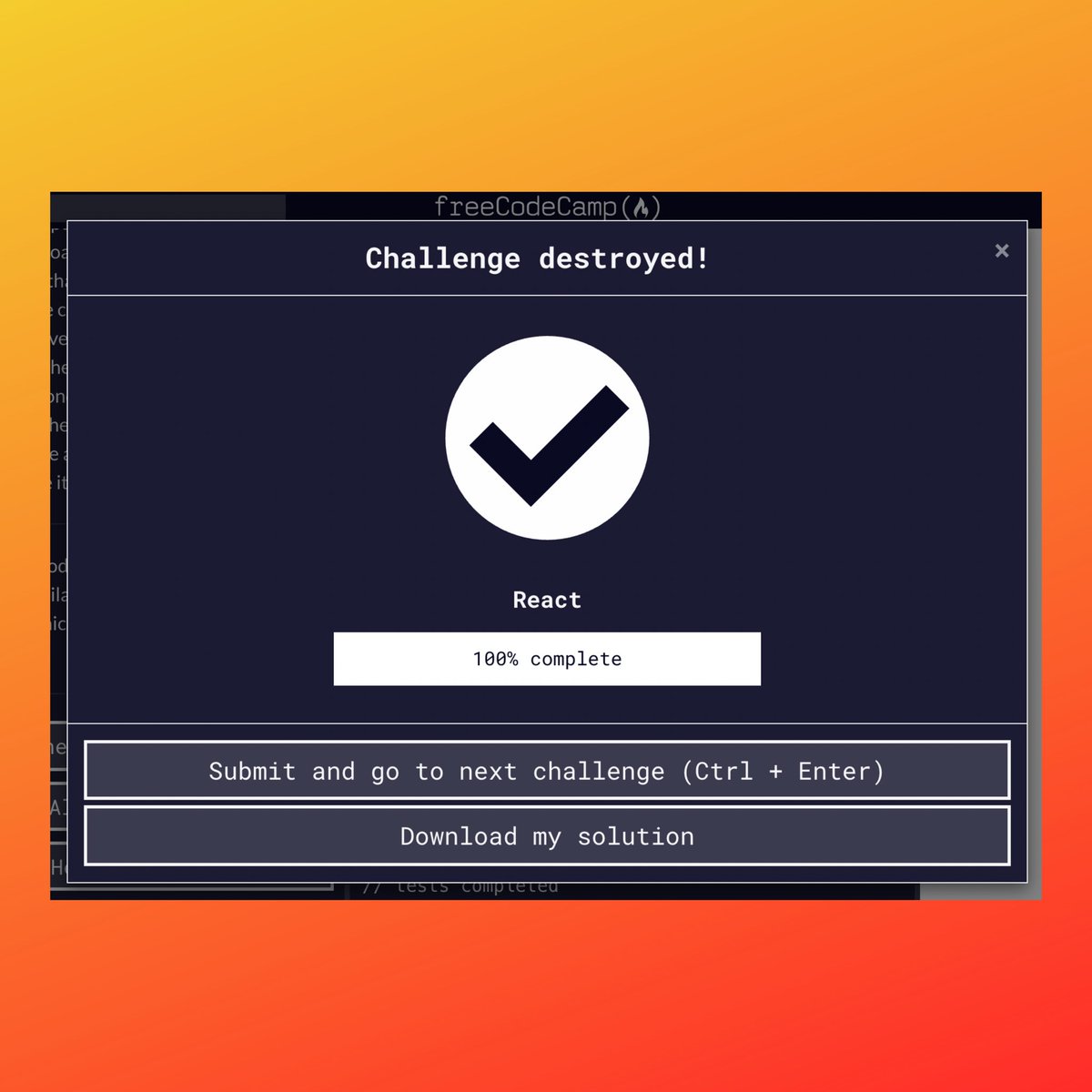 MccarronJess's tweet photo. Day 63 &amp; 64 #100DaysOfCode managed to complete React. Starting Redux tomorrow. #freeCodeCamp #womenintech #WomenWhoCode #DEVCommunity #HTML #javascript #CSS #CodeNewbie https://t.co/gZH0jBd6Mb