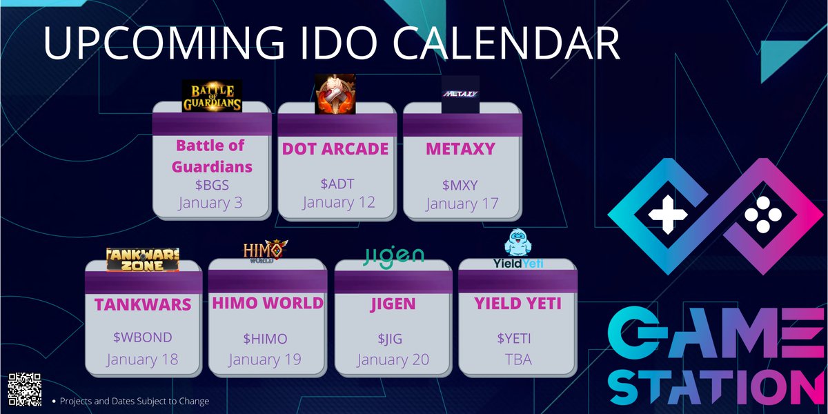 GameStationIO's tweet photo. Hi GAMERS!

🚀🚀Here is our Updated IDO Calendar for January.  Some exciting Launches are on their way! 🚀🚀 https://t.co/q8NhVVCtq6