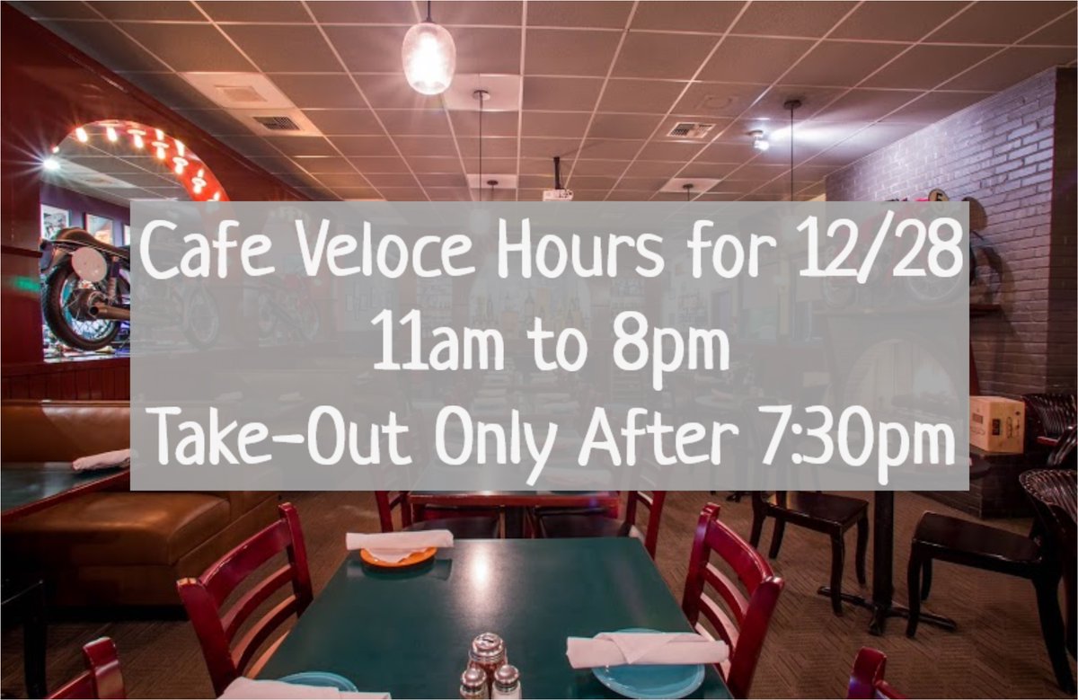 CafeVeloce's tweet image. Cafe Veloce Hours for 12/28:

11am to 8pm
Take-Out Only After 7:30pm

Call-In: (425) 814-2972
Order Online: cafeveloce.hrpos.heartland.us/menu

#CafeVeloce #OPEN #SnowHours #Kirkland #ItalianFood