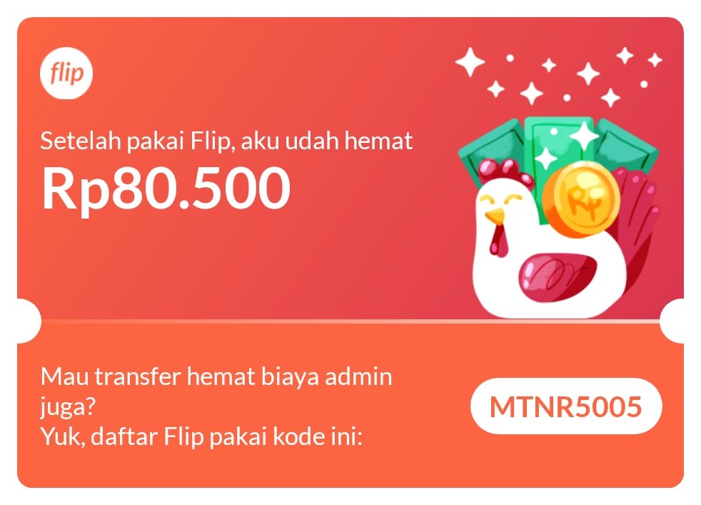 IndraLutfi20's tweet photo. Tau nggak? Setelah pakai Flip, aku udah hemat Rp80.500 karena nggak perlu bayar biaya admin lagi tiap transfer ke beda bank! Lumayan banget, kan?

Kamu juga bisa jadi hemat, lho! Yuk, daftar pakai kode MTNR5005 atau klik link ini: https://t.co/waHrOGY8Xx https://t.co/145sSMg8ne