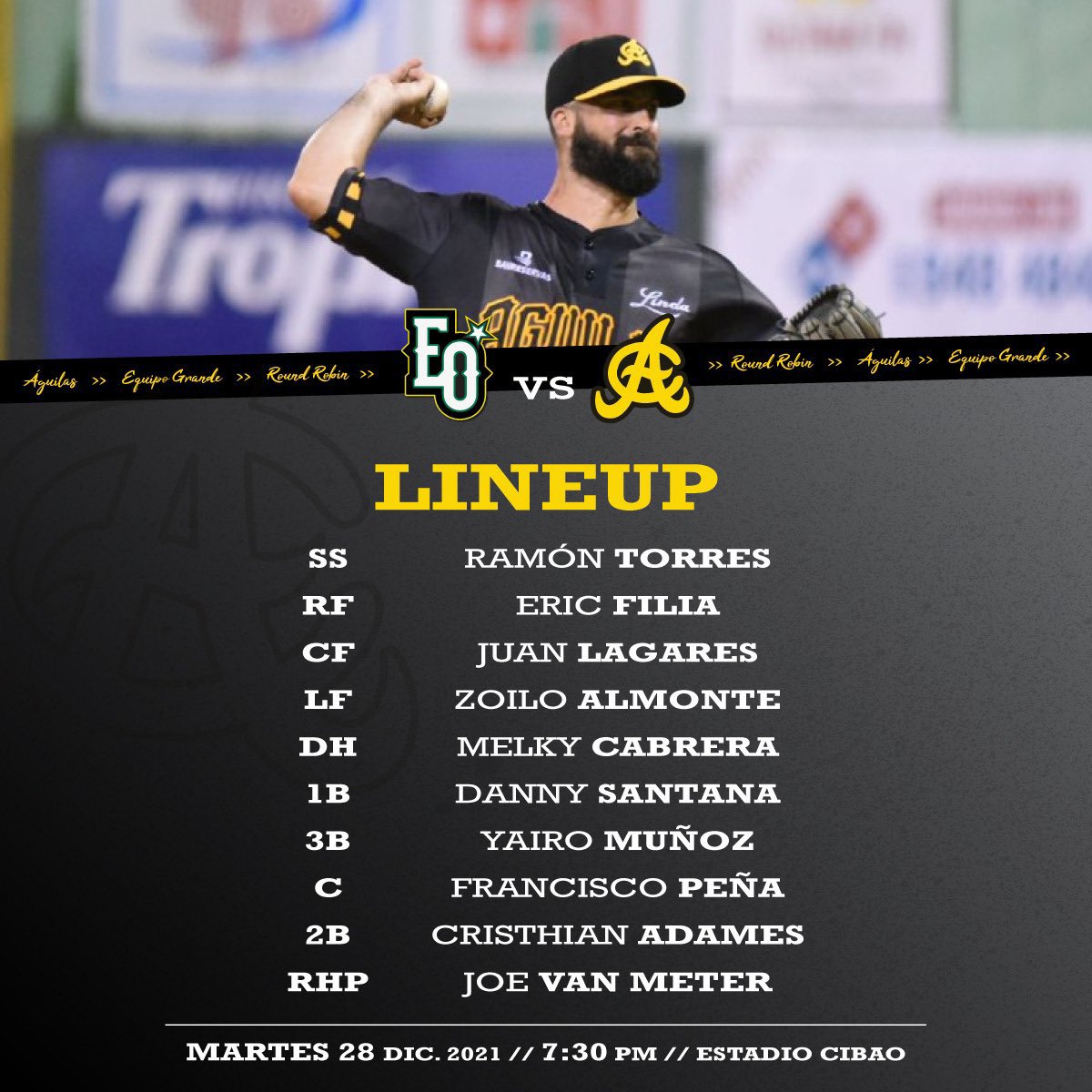 aguiluchos's tweet photo. #AguiPBP Alineación para el partido de esta noche 28/12/21 entre Estrellas y Águilas #EOvsAC #LIDOMRoundRobin https://t.co/1TyHG1lBKZ