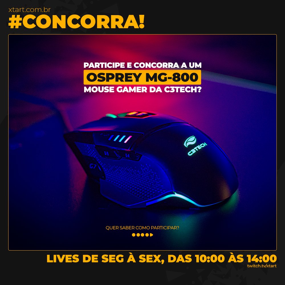 xtart_oficial's tweet photo. Que tal começar 2022 com um mouse gamer poderoso no seu setup?

A @c3technology e eu queremos te presentear com nada menos do que o Mouse Gamer Osprey MG-800! E aí tá dentro?

Se interessou???
Quer saber como vai funcionar???

https://t.co/iHarpGAld1

#xtart #C3Tech #gamer https://t.co/JX8RjW3Zbv