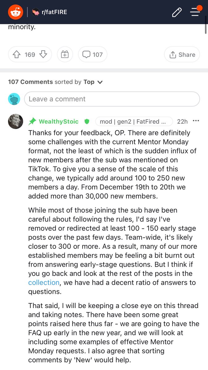 thesamparr's tweet photo. Last week on the pod I talked about my favorite subreddit: FatFire.
The episode was very popular. Some folks even made TikTok videos on it.
We ended up driving 30,000 new members to the subreddit.
That's CRAZY! https://t.co/jC1FiNnH1A