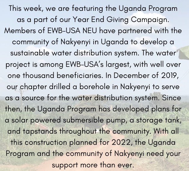 EWBNEU's tweet photo. 2021 Year End Giving Campaign Uganda Spotlight! Please support our construction of a water distribution system in Nakyenyi by donating to our Year End Giving Campaign. Link to donate in our bio. Thank you for all your support! https://t.co/vEUtIDhJXE