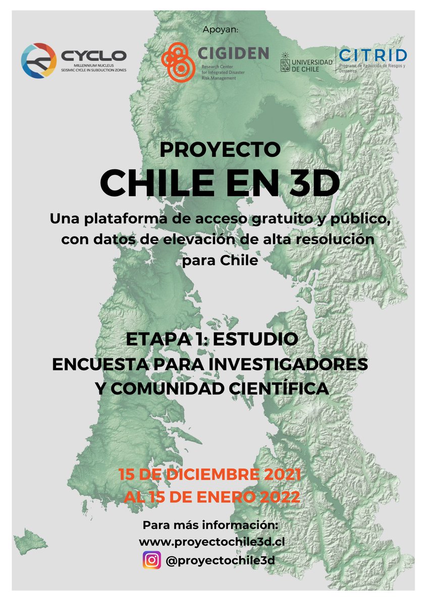 chile_3d's tweet photo. Muchas gracias a @CIGIDEN @citriduchile y @nucleocyclo por apoyar la iniciativa #Chile3d para crear un banco de acceso gratuito a datos topográficos de alta resolución.Información de calidad para investigación de calidad.Apóyanos llenando la encuesta 👉🏻 https://t.co/TQjxwduWBe https://t.co/u5UT8zcTD5