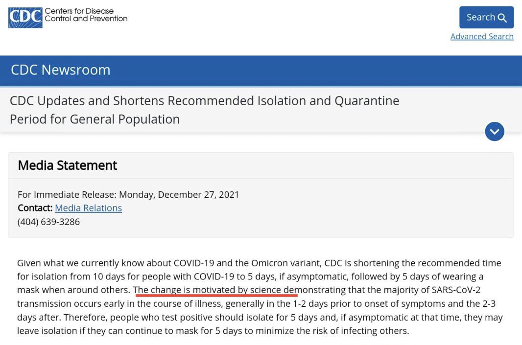 17/ A more egregious instance of trust-busting especially surrounding COVID-19, was the announcement yesterday from the CDC that isolation can be cut from 10 days to 5 in asymptomatic people. The CDC wrote that “the change is motivated by science,” as you can see in the attached: