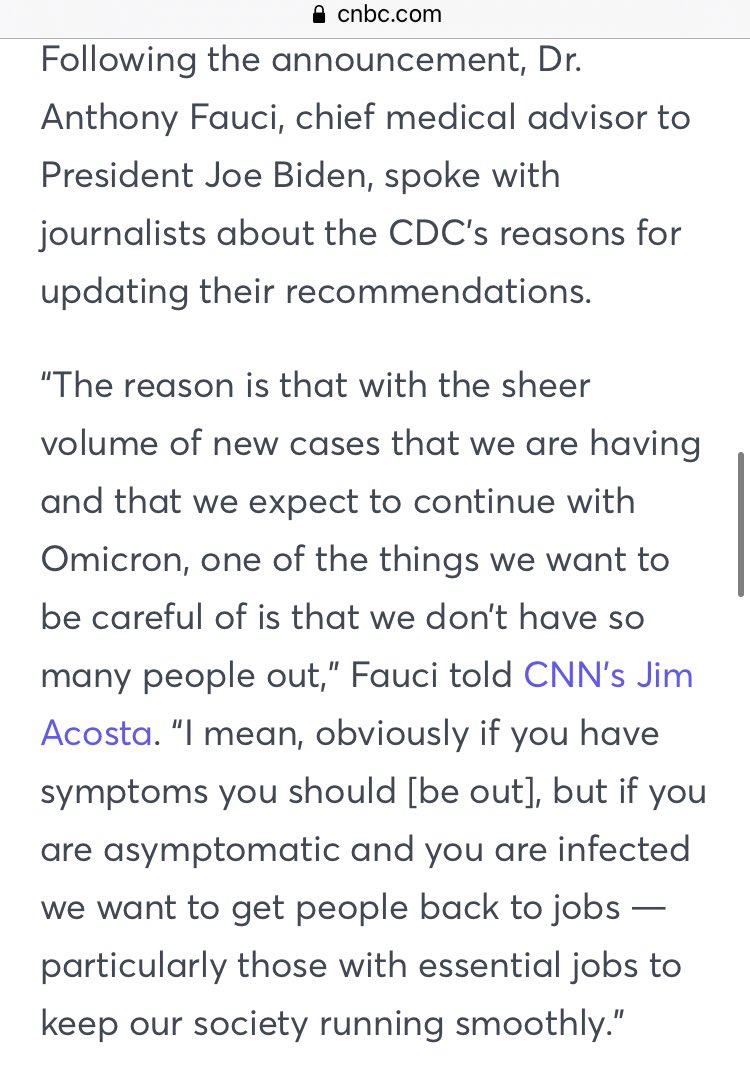 18/ Right after seeing the news that it was “motivated by science,” I tweeted “who ran the study? What are the results? Why the change now and not 6-12-18 months ago?” Well, read the attached of what Fauci admitted today about the change: