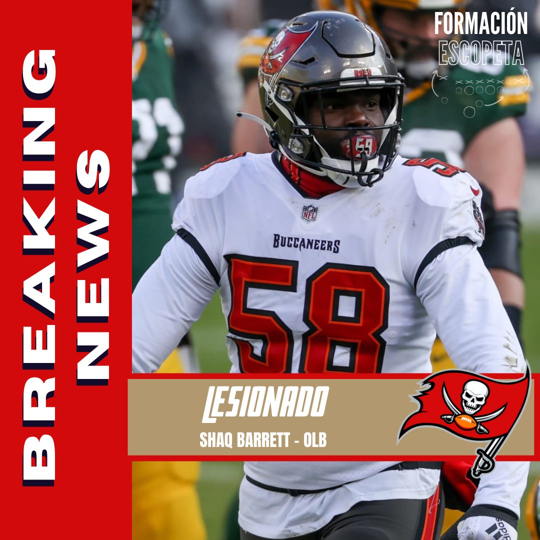 EscopetaPodcast's tweet photo. ¡BREAKING NEWS!
El LB de los #bucs Shaq Barrett está lidiando con una lesión en los ligamentos de la rodilla y podrá perderse el resto de la temporada, el equipo espera que regrese para #playoffs 
.
.
.
#nfl #nflmx #football #podcast #formacionescopeta #escopetapodcast #spotify https://t.co/0SEfh9Lw1k