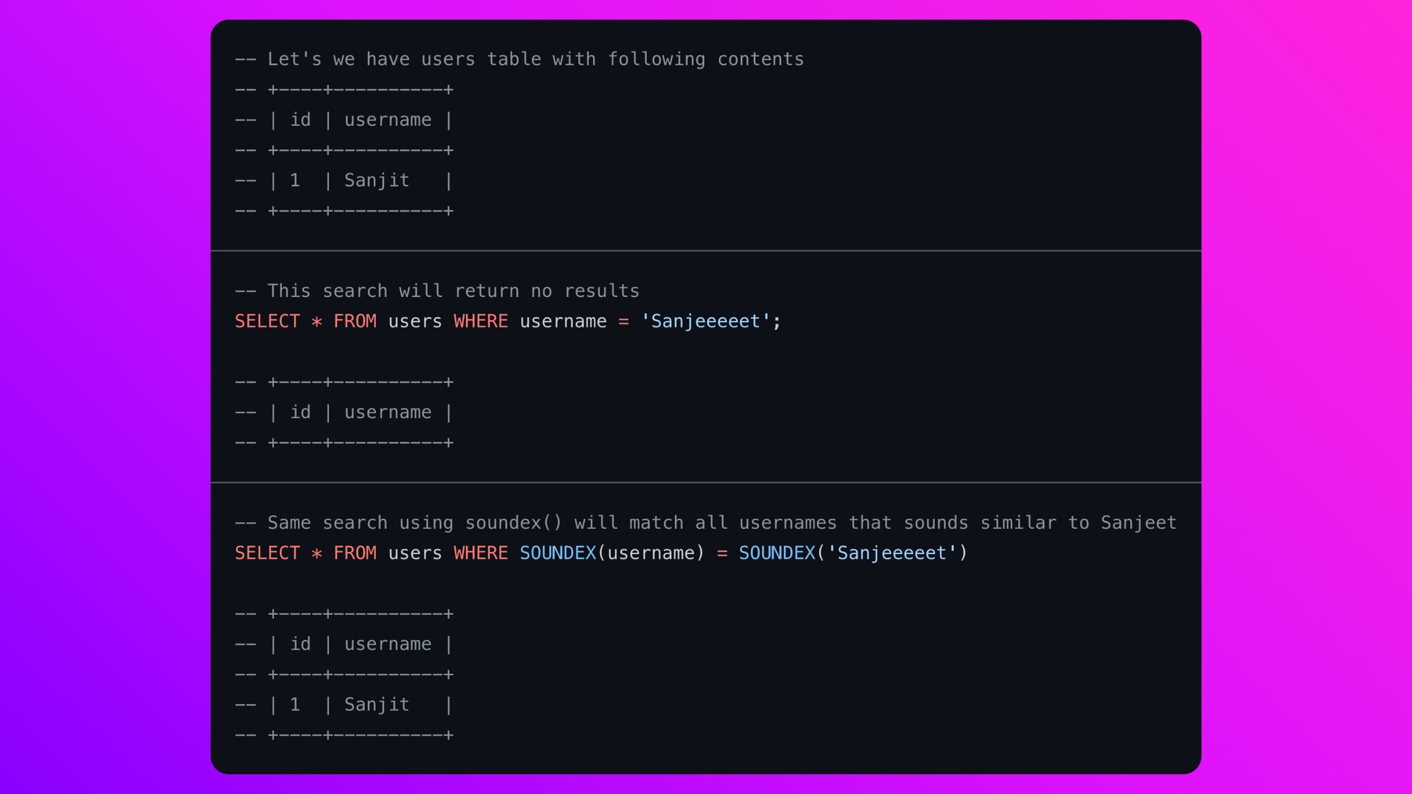 Use the `SOUNDEX()` function in MySQL to compare strings by how they *sound* rather than how they're typed