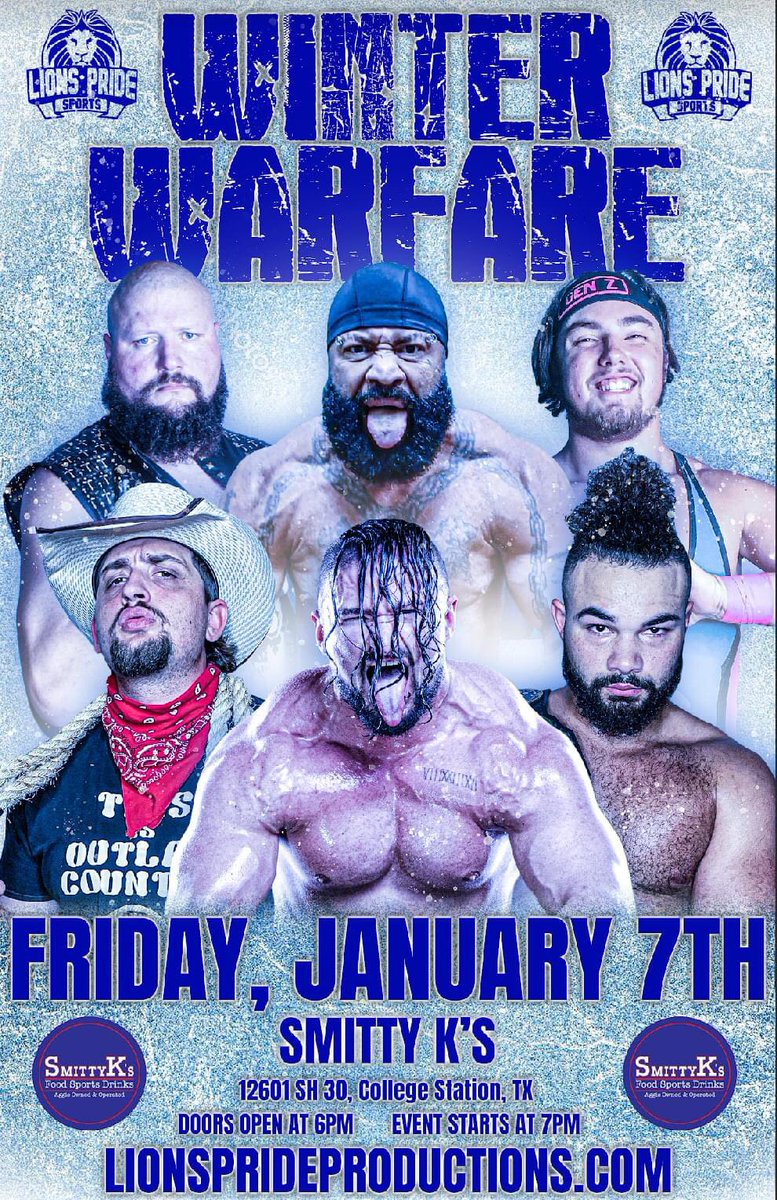 LionsPrideTX's tweet photo. ON FRIDAY JANUARY 7, 

Lions Pride Sports returns to Smitty K’s for #WINTERWARFARE 

The fallout from the Aggieland Rumble continues! 

❄️ Tickets available NOW at https://t.co/39teWpJCRG ❄️ https://t.co/NTaSVEaI1L