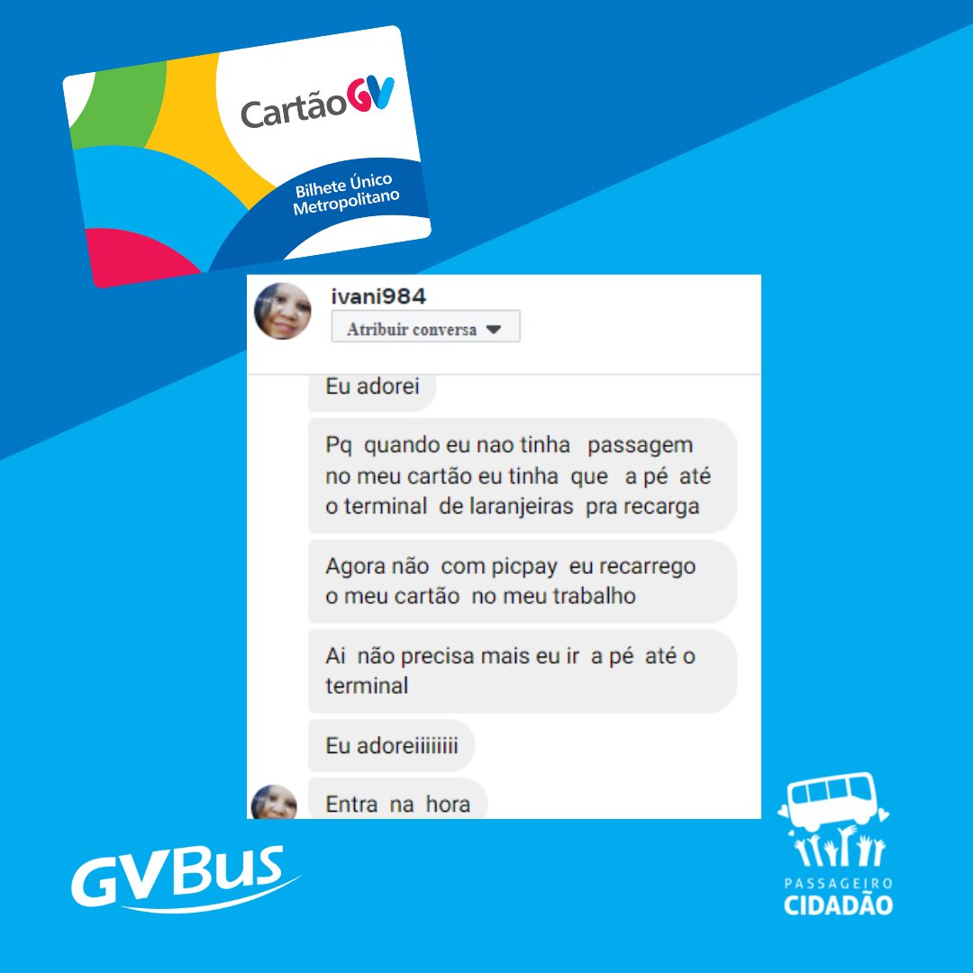 GVBus's tweet photo. A recarga via aplicativos é prática e facilita a viagem dos passageiros do Sistema Transcol. Veja os exemplos da Nety, do Jefferson, da Ivani e da Jaque. Eles aprovaram e já estão usando essa forma de comprar créditos para o CartãoGV. #CartãoGV #GVBus #TranscolES (1/3) https://t.co/bO9BWQYNZw