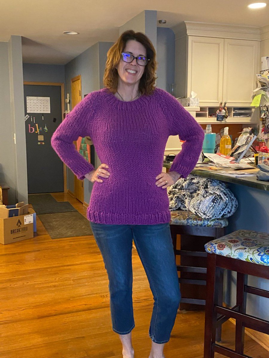 P_Hendrickson's tweet photo. Got permission to share a pic of @27beanr wearing the #WinstonPullover I made for her birthday. I used @LionBrandYarn #WoolEaseThickAndQuick in “Lollipop.” She loves it! https://t.co/vLZ7AuvqGA