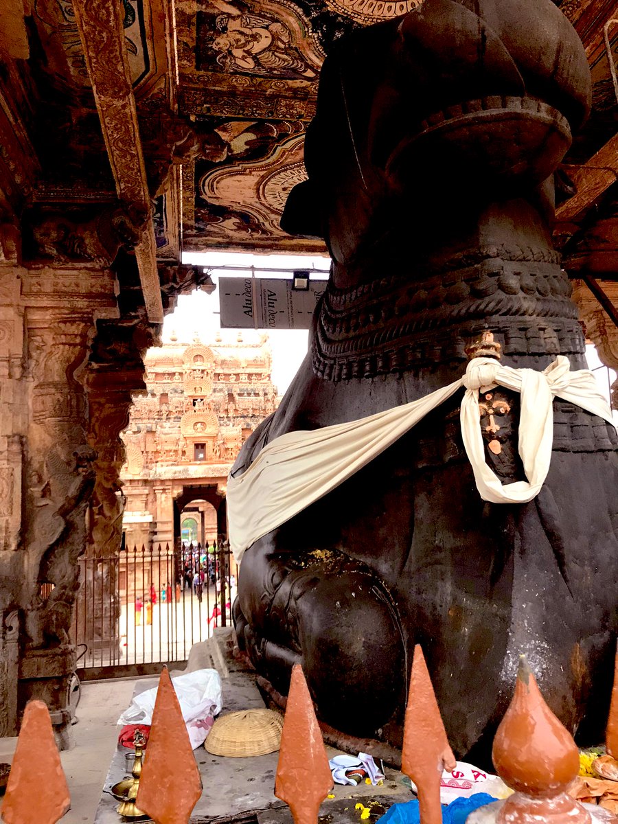 Visited #Brihadeeswara temple, an imposing dedication to Shiva. Inscriptions celebrate conquests of Raja Raja Chola and detail temple management. Gigantic Nandi keeps a watchful eye on his Lord #UNESCOHeritageSite