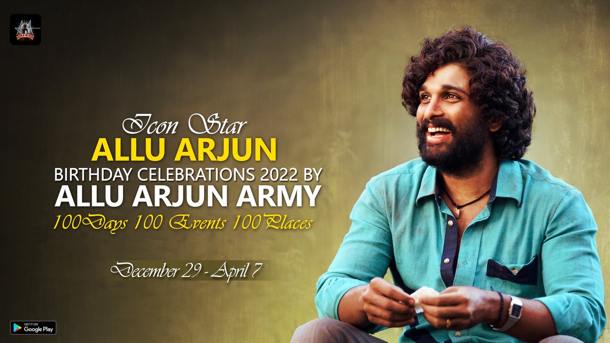 AlluArjun_Army's tweet photo. Follow this Thread for #AlluArjun100DaysBdayCarnival 2022 Celebrations / Activities by Allu Arjun Army 

100 Days - 100 Events - 100 Places 

@alluarjun #Pushpa
#AlluArjunArmy https://t.co/HIDRoNQizp