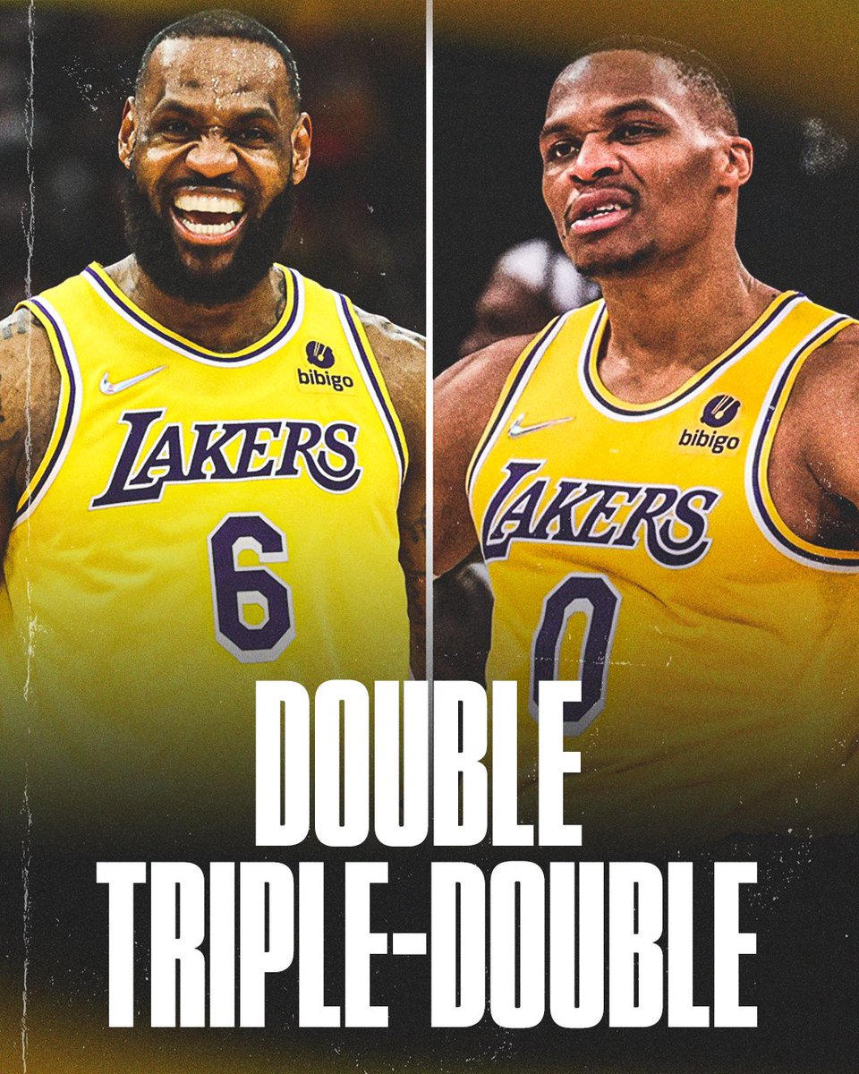 espn's tweet photo. LeBron and Brodie BOTH put up triple-doubles in the Lakers win 🔥 

🏀  LeBron: 32 Pts, 11 Reb, 11 Ast
🏀 Russ: 24 Pts, 12 Reb, 10 Ast https://t.co/BUgpgKFG5C
