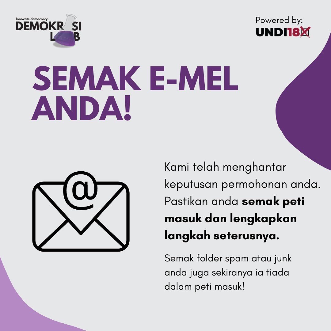 demokrasilab's tweet photo. 📩 CHECK YOUR EMAIL 📩
Results are out! Be sure to check your spam folders too!
📩 SEMAK EMEL ANDA 📩
Keputusan telah keluar! Pastikan anda menyemak folder spam anda juga!
#DemokrasiLab #UNDI18 #InnovateDemocracy https://t.co/k9VUZQdlPg