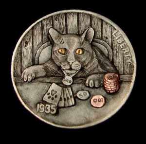 Hobo_Nickel_Soc's tweet photo. December 28 = #NationalCardPlayingDay My #cat quit playing poker with the big #cats too many cheetahs  #HoboNickel #CoinCarvings by #HowardThomas @PurrgatoryCats https://t.co/tTeq2aTxjf