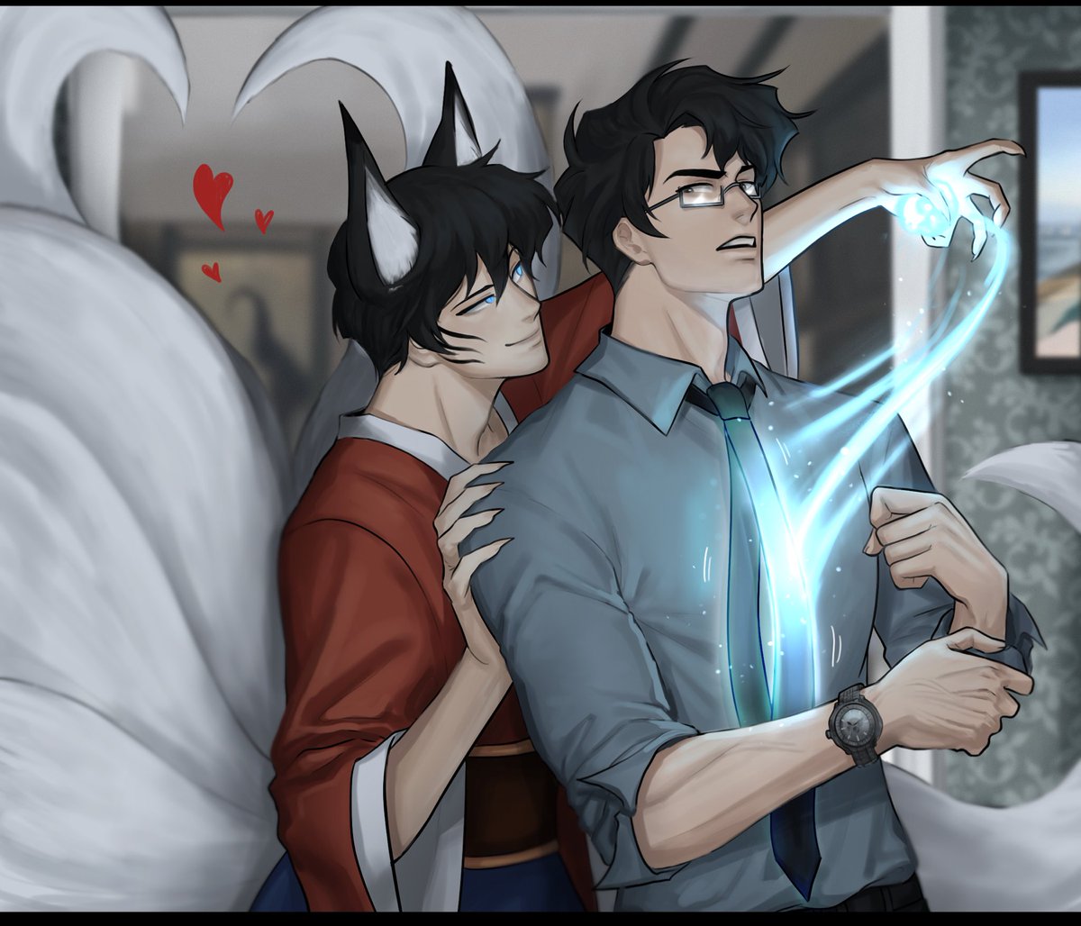 ShweezyLiz's tweet photo. “My Husband is a Mischievous Gumiho!” 

Here’s my gift to @captainh4ndsome for the #ORV_WINTEREX21 !!! I wanted to mix two of their requested prompts together; gumiho!kdj and yjh with glasses &amp; dress shirt with rolled up sleeves. I hope you like it! 😖 https://t.co/APOMbm4pVV