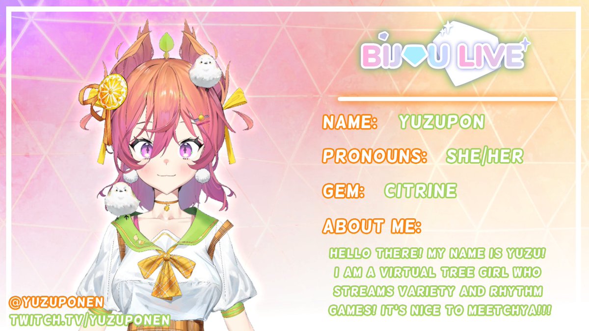 bijou_liveTV's tweet photo. Citrine represents hope and happiness. Yuzu's cheerful, energetic personality brings happiness and hope to all of her streams!

Find her on twitch here: https://t.co/KSZOjFIYKa https://t.co/T1BLdgptxP
