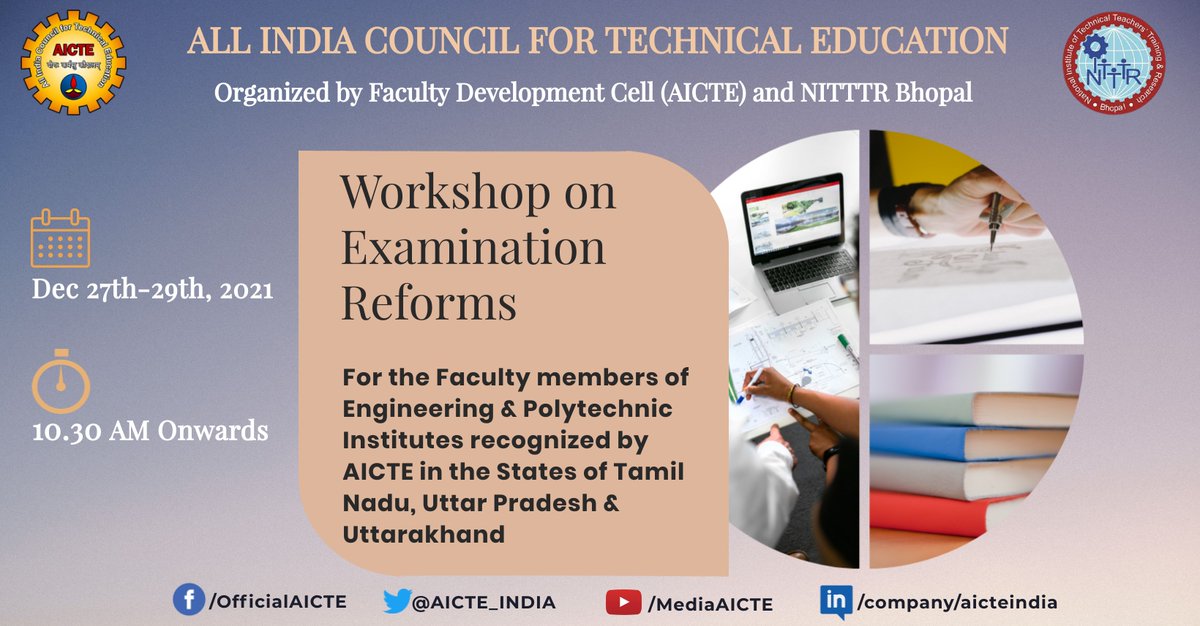 AICTE_INDIA's tweet photo. #AICTEdge

Day 3 of "#AICTE-#Workshop on #ExaminationReforms" for faculty members of #Engineering &amp; #Polytechnic institutes recognized by #AICTE in #States of #TamilNadu,#UttarPradesh &amp; #Uttarakhand

LIVE on 29 Dec,2021 @ 10:30 am
👉https://t.co/8pj9UXni98

@nitttrbpl @pibchennai https://t.co/IjXzHSe03n