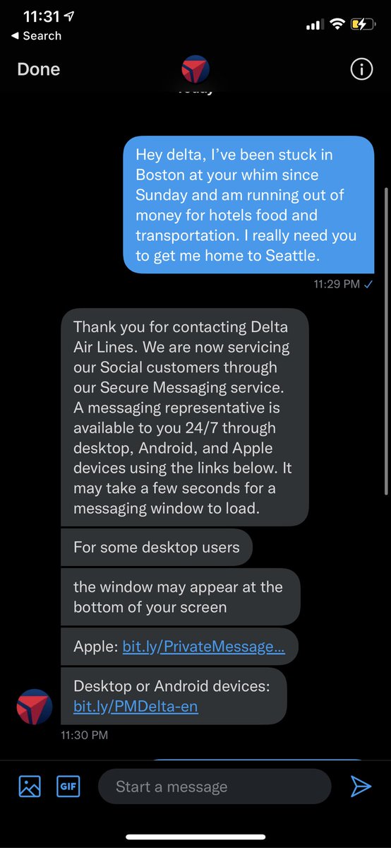 dusty_dylan's tweet photo. spoiler alert, the @Delta secure messaging app doesn’t get you anywhere or even barely work. Stranded since Sunday. #DeltaAirlines https://t.co/PekQukEz3K