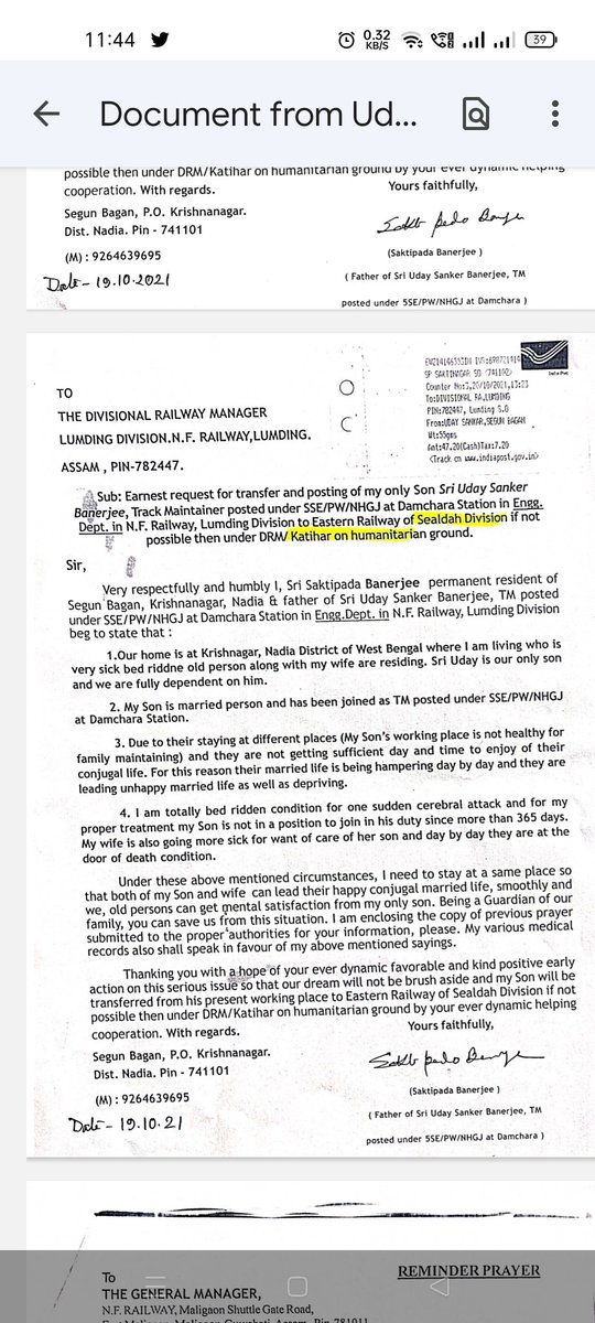 udaysb86's tweet photo. @AshwiniVaishnaw @VPSecretariat @rashtrapatibhvn @PMOIndia @gm_nfr @RailMinIndia 
Sir please look into the matter. My father condition is so bad. Plese approve my transfer my posting from lumding division (NF RAILWAY) TO EASTERN RAILWAY🙏. https://t.co/xIimRY5QR2