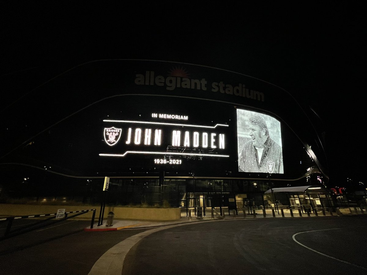 The lights are off on <a href="/AllegiantStadm/">Allegiant Stadium</a> in Las Vegas with a message displayed on the media mesh screen in memory of John Madden. #vegas #raidernation #ripjohnmadden