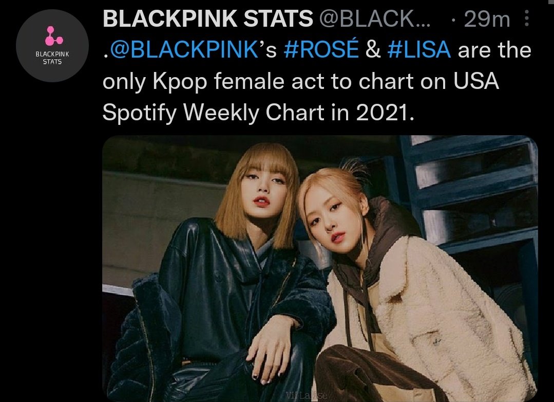 lalalalisawifey's tweet photo. Entonces ROSÉ, BLACKPINK y LISA son las únicas artistas femeninas de kpop en chartear en las listas se Spotify Weekly de Estados Unidos este año. Dos solistas rookies y un grupo sin comeback, siendo el standard! Exacto!! 

블랙핑크 #블랙핑크 #BLACKPINK  @BLACKPINK #LISA #ROSÉ https://t.co/z3L45QxTTP