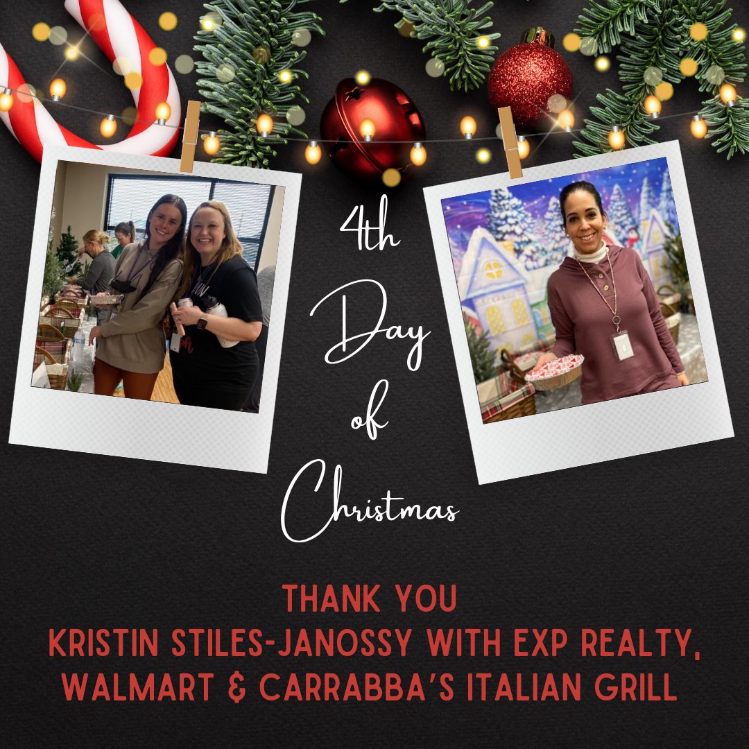 On the 4th day of Christmas Kristin Stiles-Janossy with eXp Realty gave to me, personal pan pizzas and Walmart added the drinks! Thank you to our sponsors and Carrabba’s Italian Grill for salads. #mjepta <a href="/MJEjags/">Jenks Elementary</a> <a href="/JenksPta/">Jenks PTA</a>