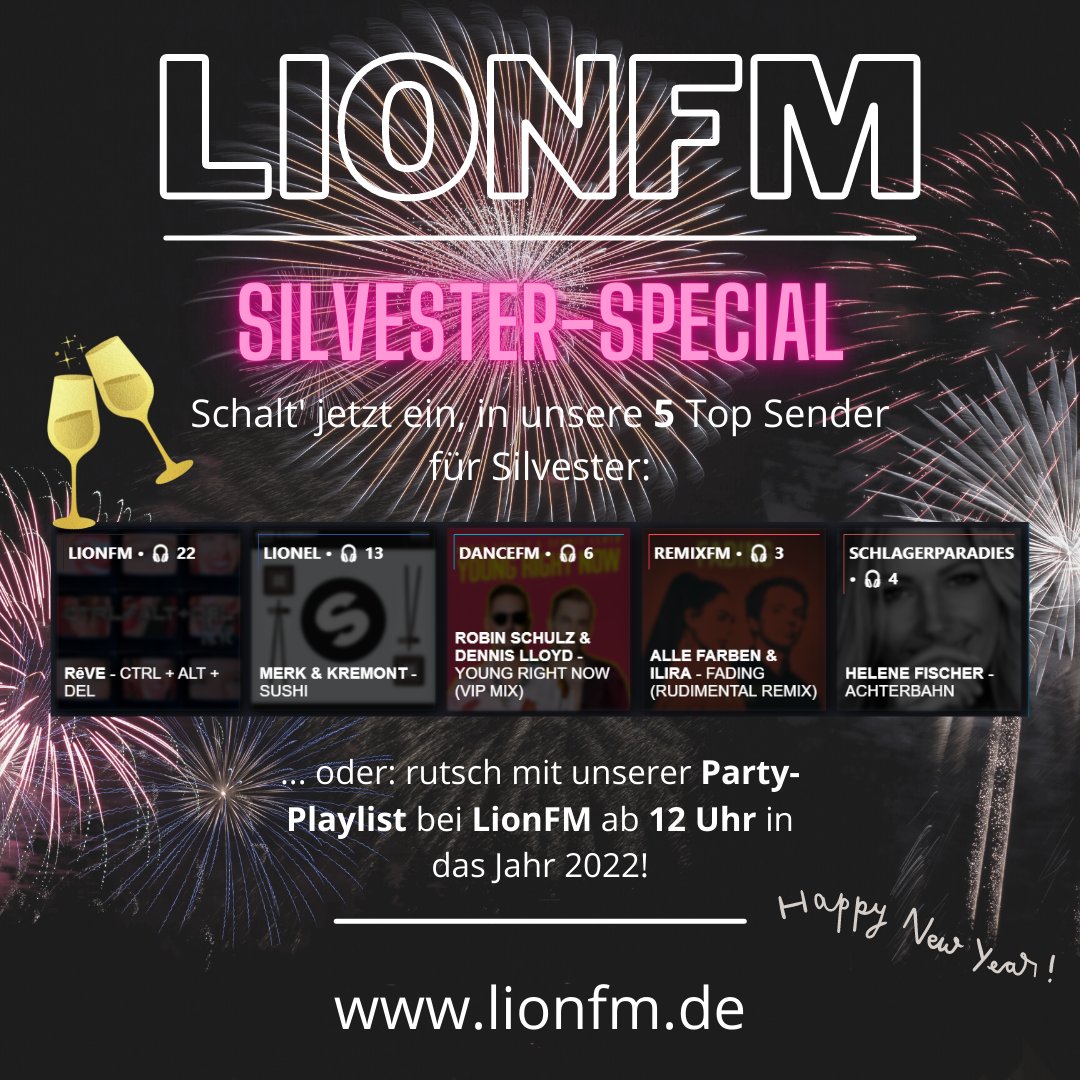 LionFM's tweet photo. 🎉 SILVESTER-SPECIAL 🎇

Der Countdown läuft!

Mit unseren 5 Top Sendern zu Silvester und der Party-Playlist bei LionFM - am 31.12. ab 12 Uhr 🤩

👉 https://t.co/R25TFyneeF https://t.co/KWX3UoU3kA