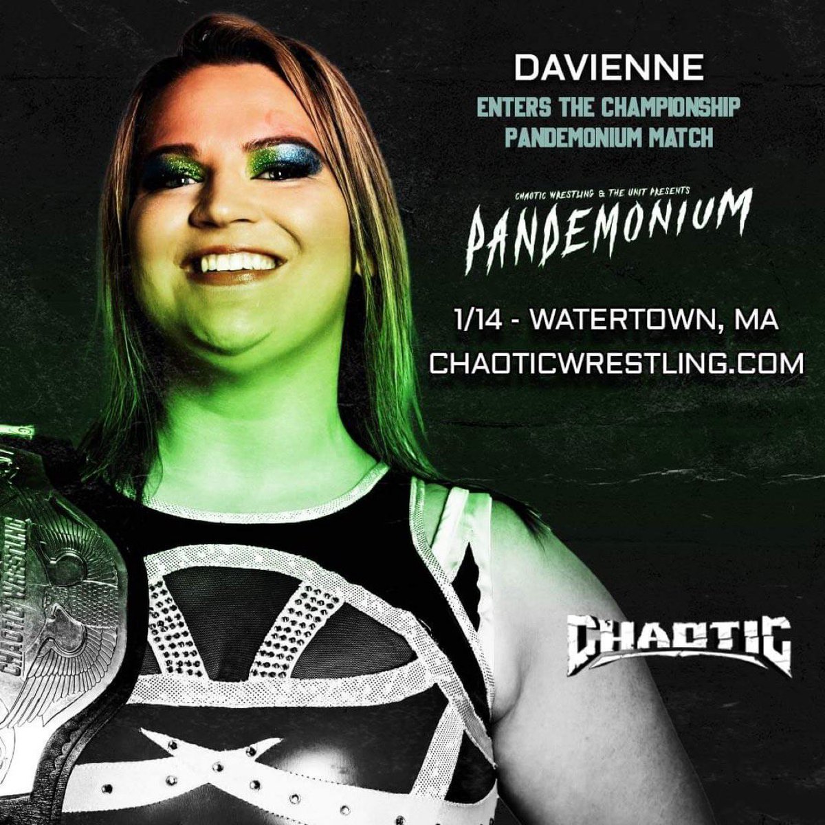 thejtdunn's tweet photo. Announced Entrants for #TheUnitPresents #ChaoticPandemonium Match so far: 

❕CW Championship On The Line 
• Davienne (c)
• Ace Romero
• Mike Verna 
• Shannon Levangie

🗓 January 14th 2022 
📍 Watertown, MA 
🎟 Tickets: https://t.co/WxFWvNcgF1 https://t.co/ZkMrkuMEpw