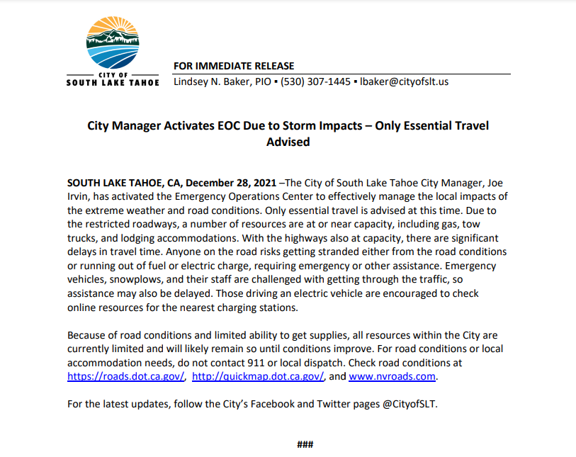 The City of South Lake Tahoe just released information advising only essential travel into the #SouthLakeTahoe basin