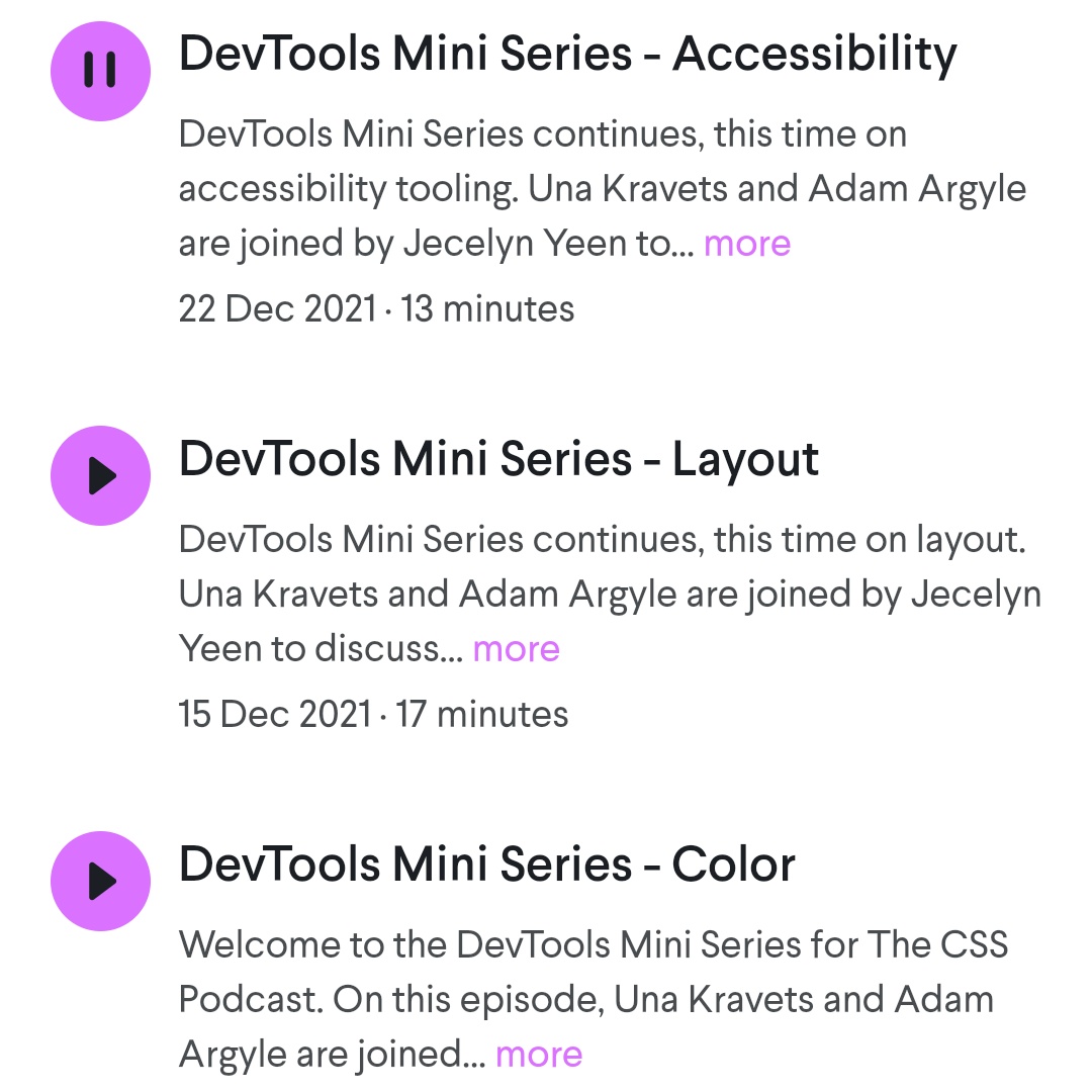 jecfish's tweet photo. Have you listened to the latest #TheCSSPodcast? We have a @ChromeDevTools mini series which cover Color, Layout and Accessibility tooling!
πhttps://t.co/yZZXqpkmVK https://t.co/GKaDmzkDzV