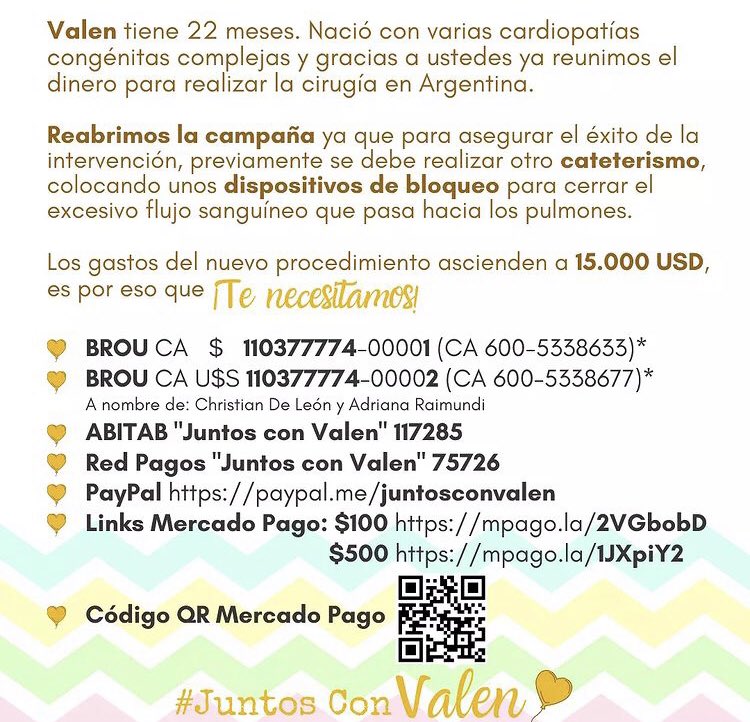 Déborah Friedmann (@debyfri) on Twitter photo Valentina tiene dos años
Precisa operarse por cardiopatías congénitas en Argentina
Y un empujón más para llegar a la meta <a href="/JuntosConValen/">JuntosConValen</a>
¿Nos ayudan? <a href="/perezanalaura/">Ana Laura Pérez</a> <a href="/diegodelacurva/">Min. Diego González González</a> <a href="/PatriciaJMadrid/">Patricia Madrid</a>
<a href="/Cybertario/">Gerardo Sotelo</a> <a href="/Gabrielhpereyra/">Gabriel Pereyra</a> Valentina tiene dos años
Precisa operarse por cardiopatías congénitas en Argentina
Y un empujón más para llegar a la meta <a href="/JuntosConValen/">JuntosConValen</a>
¿Nos ayudan? <a href="/perezanalaura/">Ana Laura Pérez</a> <a href="/diegodelacurva/">Min. Diego González González</a> <a href="/PatriciaJMadrid/">Patricia Madrid</a>
<a href="/Cybertario/">Gerardo Sotelo</a> <a href="/Gabrielhpereyra/">Gabriel Pereyra</a>