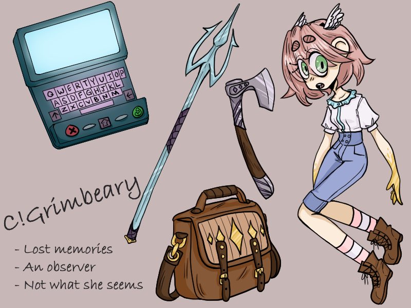 Grimbeary's tweet photo. Here’s my “official” reference sheet for my character on the #lonelysmp . I still really love the bag https://t.co/6VnRRjhB8Q