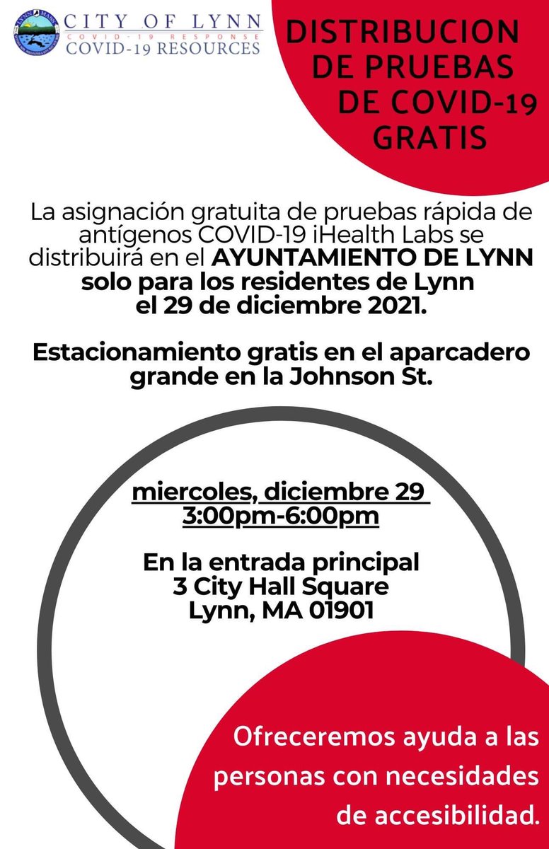 JaredCNicholson's tweet photo. COVID-19 Testing Kits Distribution tomorrow in Lynn City Hall at the main entrance between 3:00pm-6:00pm. The kits are free and open to Lynn residents only. Free parking will be available in the large Johnson St. parking lot. https://t.co/iSuKqNMfsu