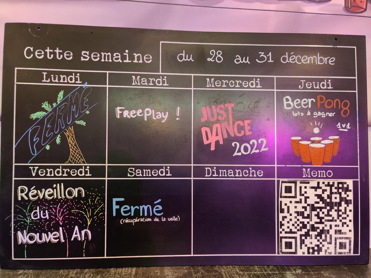 Bonsoir, 👋

Avec beaucoup de retard le planning ! ⌛

Jeudi retrouvez nous a un tournoi 1 vs 1 beer pong avec des prix a gagné ! 🎈🎁

Vendredi fêtez le réveillon avec nous ! 🎉🍾
#Reveillon #Toulon