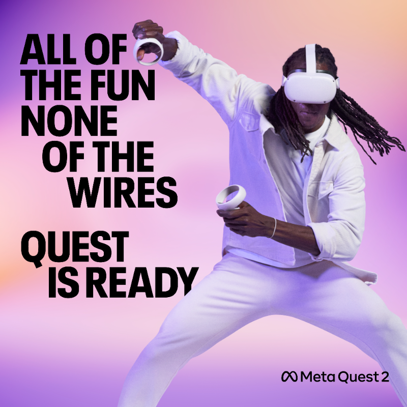 MetaQuestVR's tweet photo. Golf clubs, beat sabers and jet packs don’t have wires, so neither does Quest 2. Experience wireless VR with Quest 2.