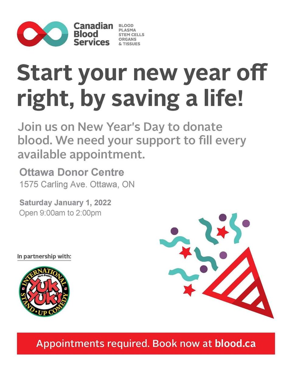 We'd love it if you made an appointment to donate! January 1st at 1575 Carling Avenue! Call 1 888 2 DONATE or blood.ca! Thank you! Happy Holidays from the Yuk Yuk's team! #Ottawa #GiveBlood
@LifelineEast_ON <a href="/CanadasLifeline/">Canadian Blood Services</a>